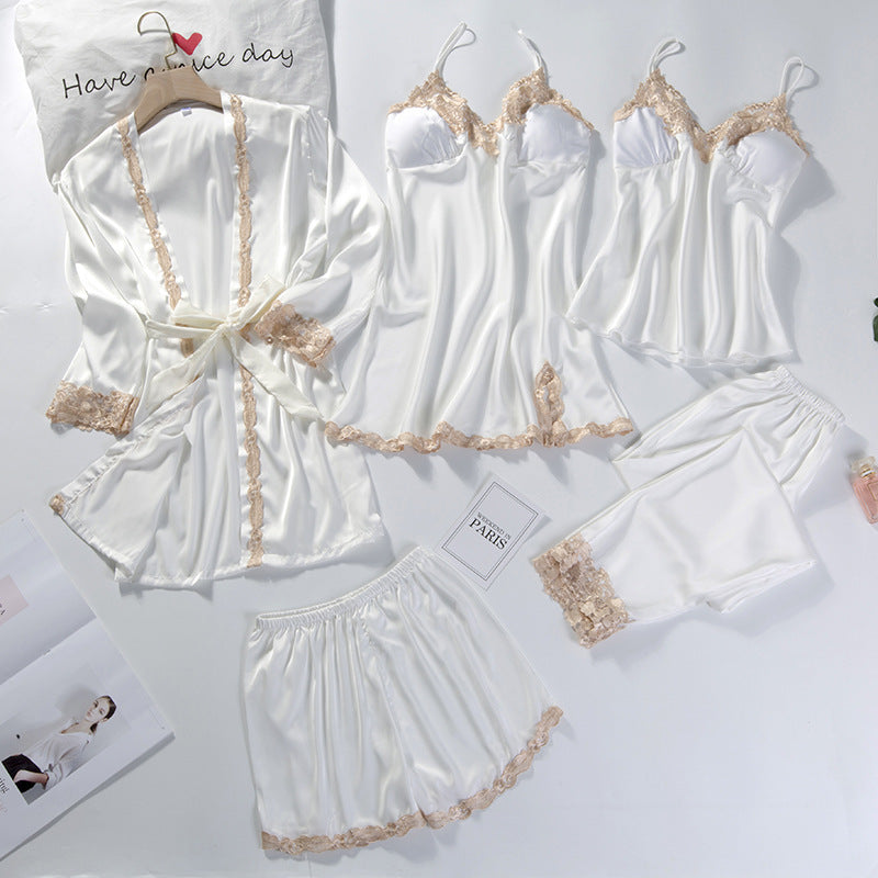 Spring Women's Summer Ice Silk Pajamas Five-piece Set