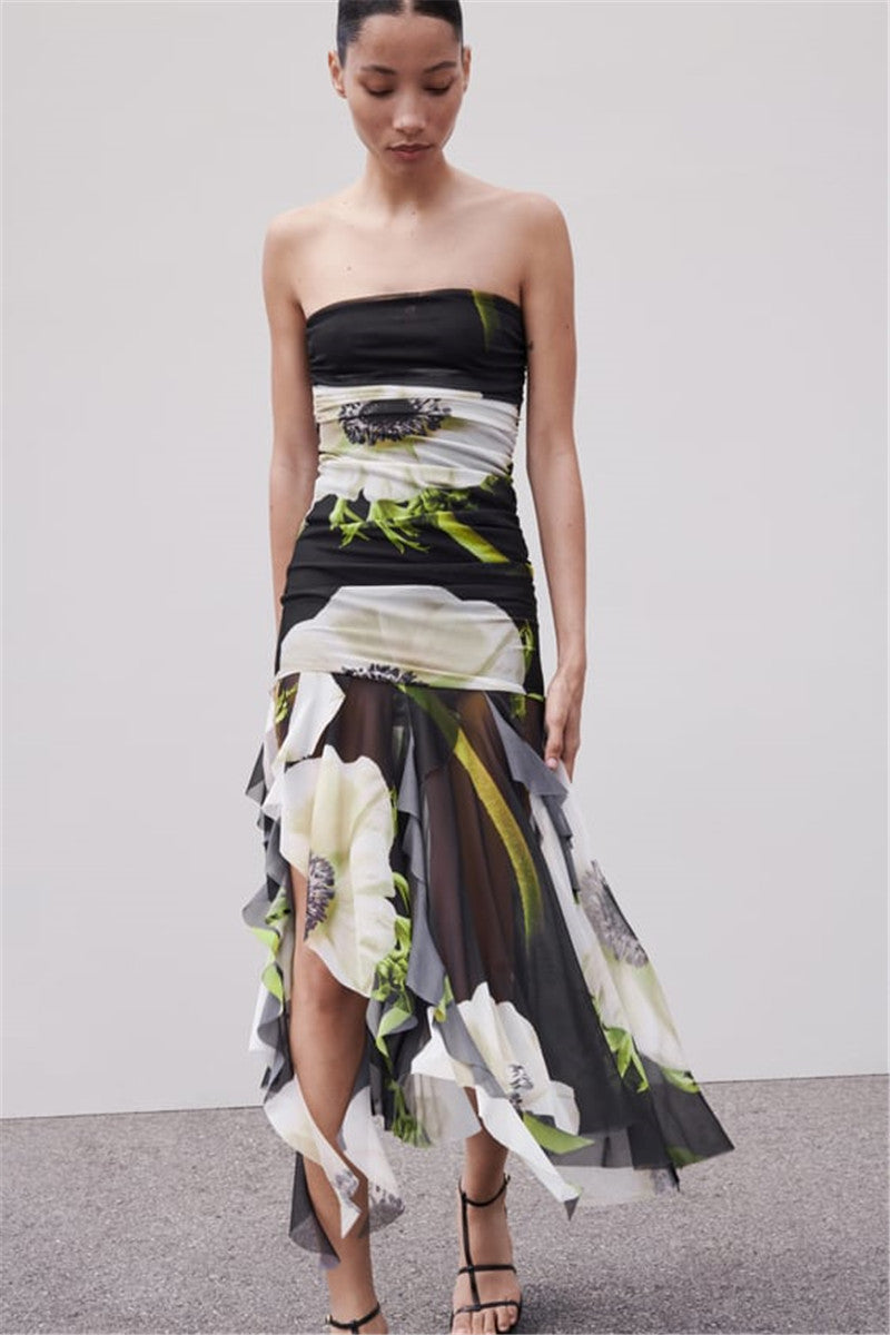 Printed Silk Net Tube Top Dress