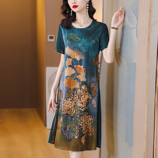 Silk Like Dress Printed Belly Covered