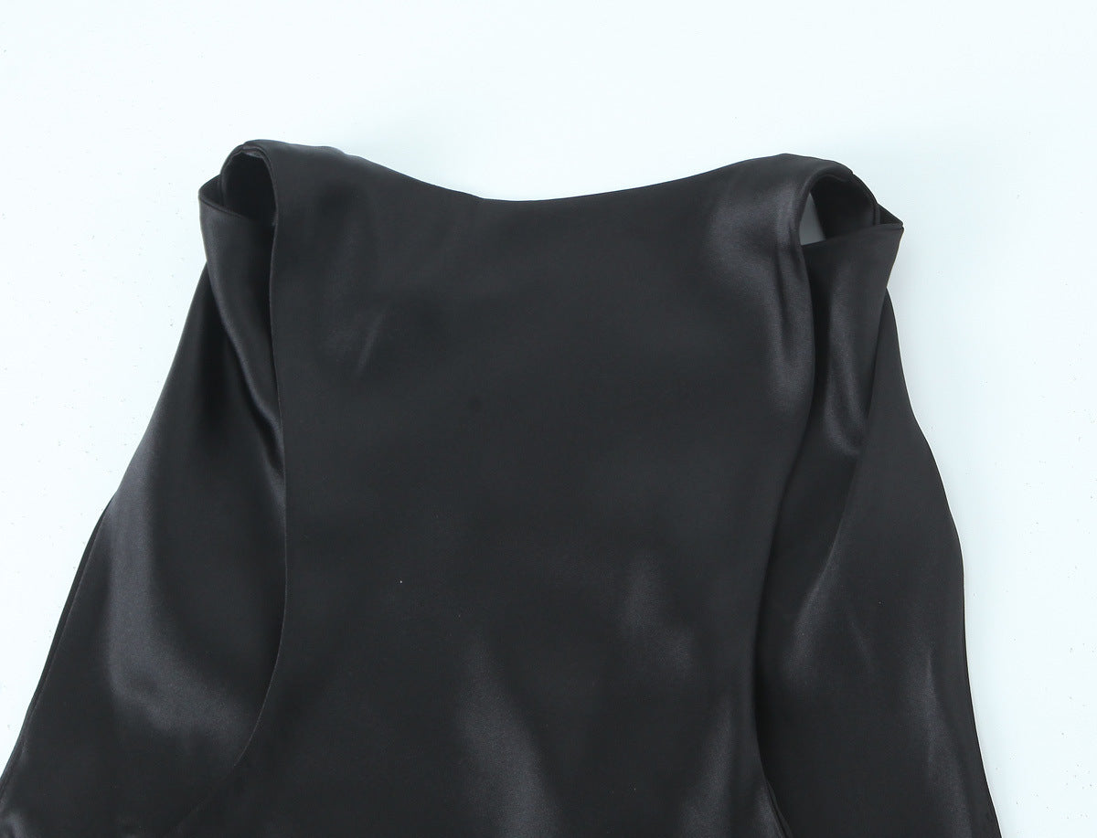 Women's Fashion Sleeveless Pleated Waist Tight Silk Satin Dress