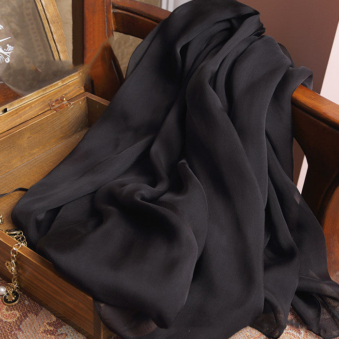 Pure Black Long Silk Scarf