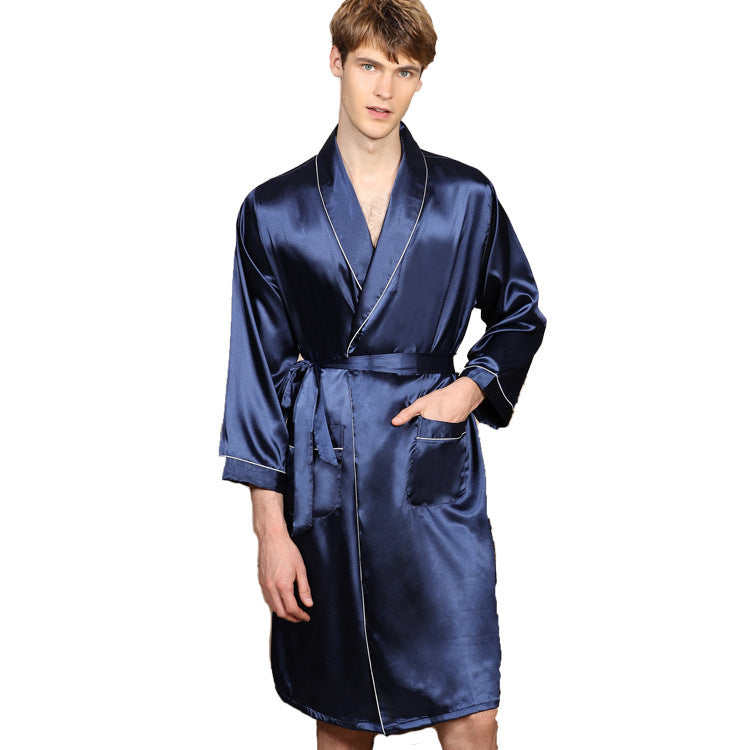 Men's Fashion Solid Color Simulation Silk Bathrobe