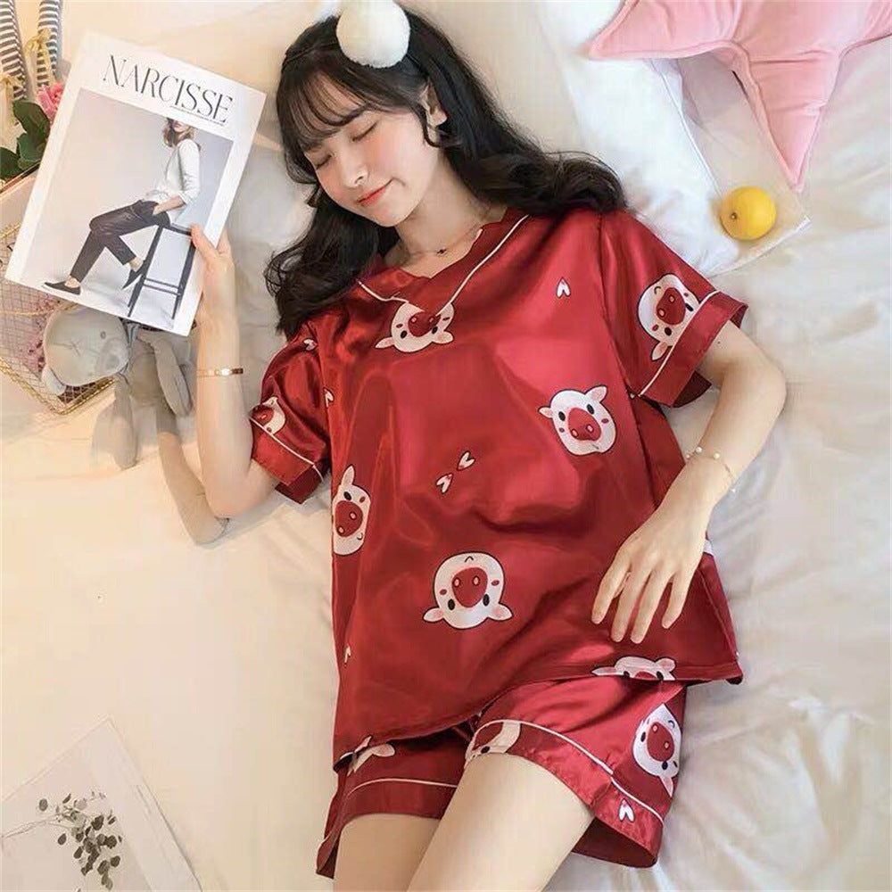 Women's Loose Casual Short Sleeve Ice Silk Pajama Set