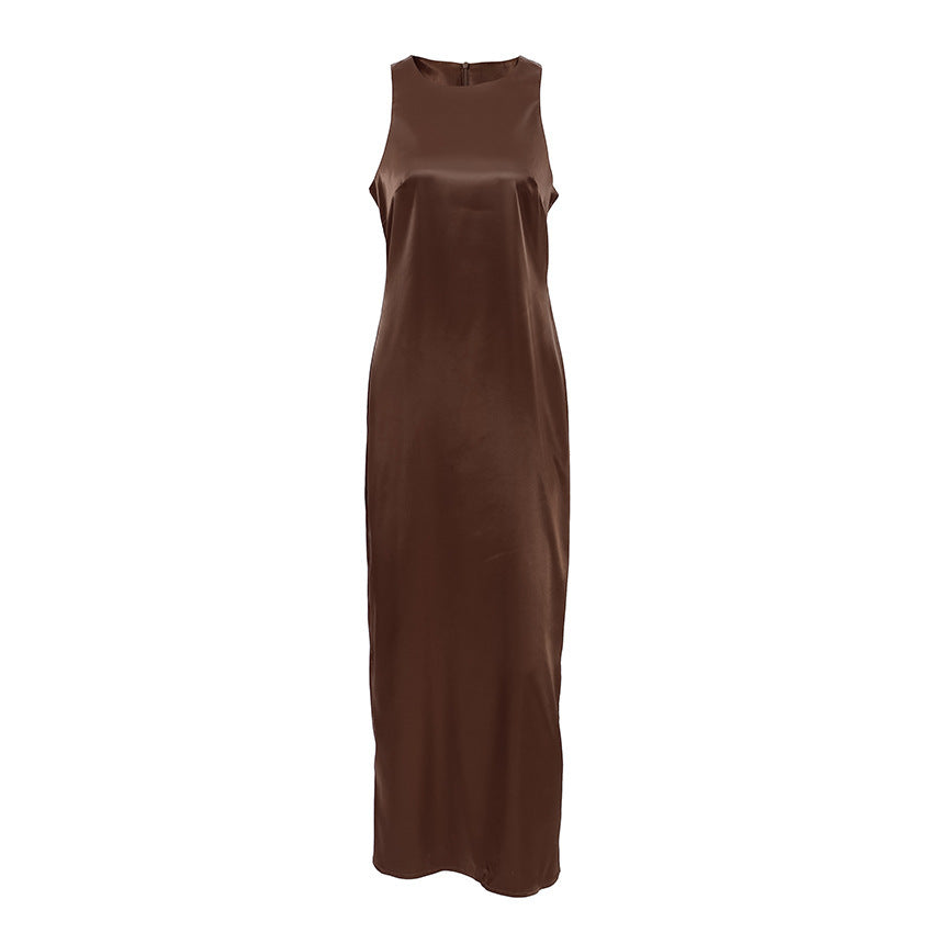 Silk-like Satin Surface Round Neck Vest Dress