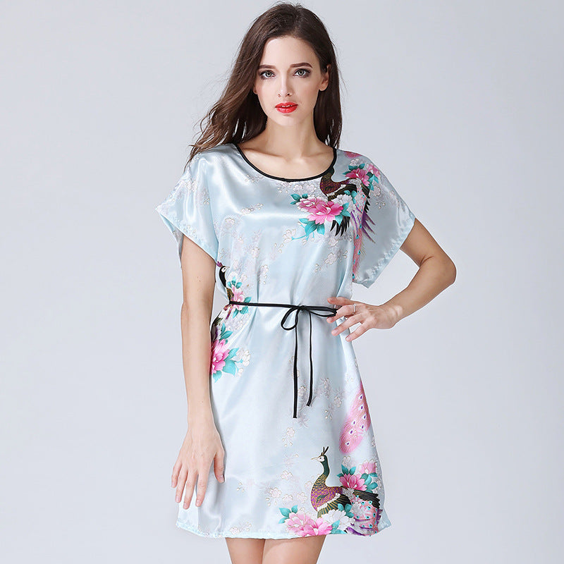 Imitation Silk Nightdress Round Neck And Thin Belt Women's Silk Pajamas