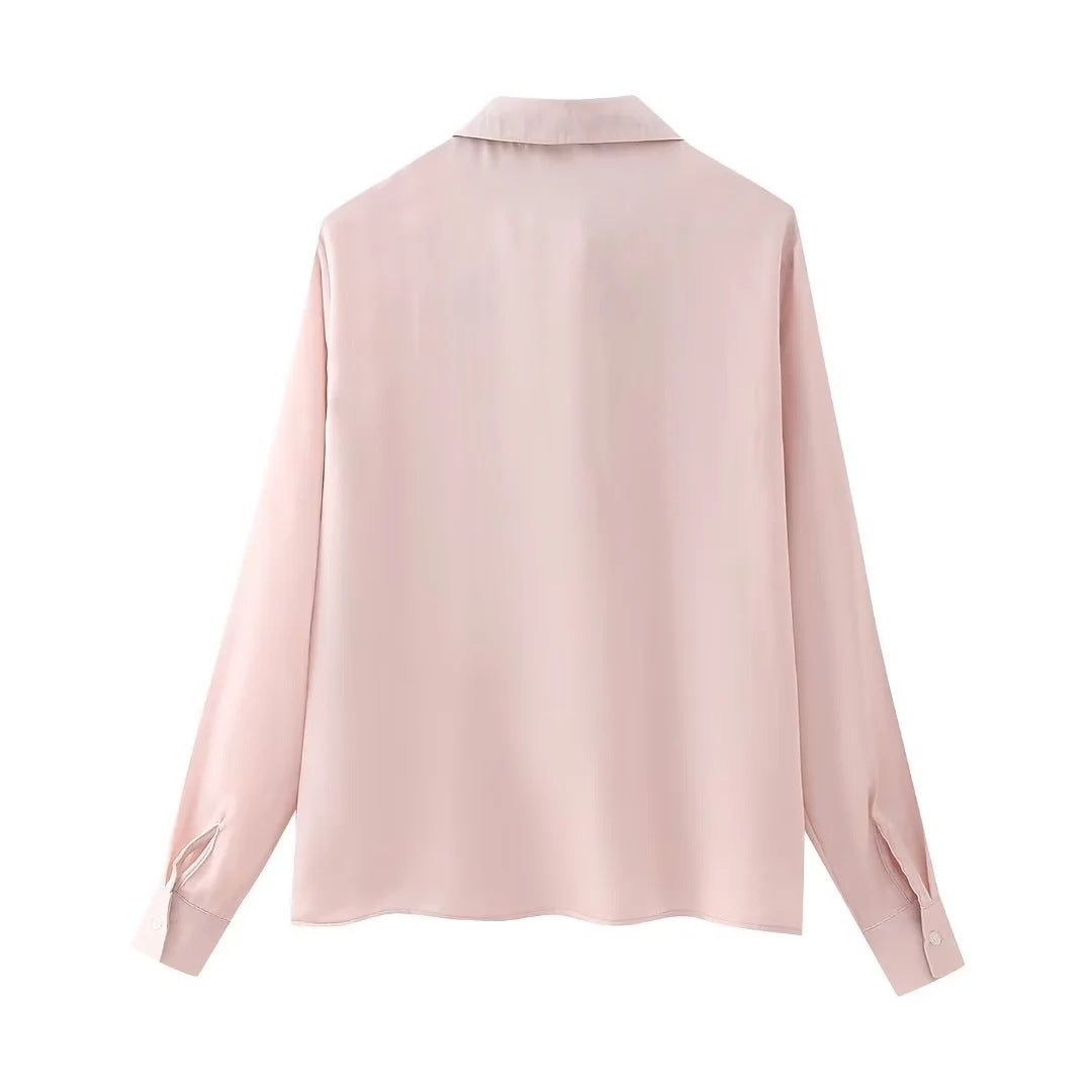 Bowknot Decoration Silk Satin Textured Shirt