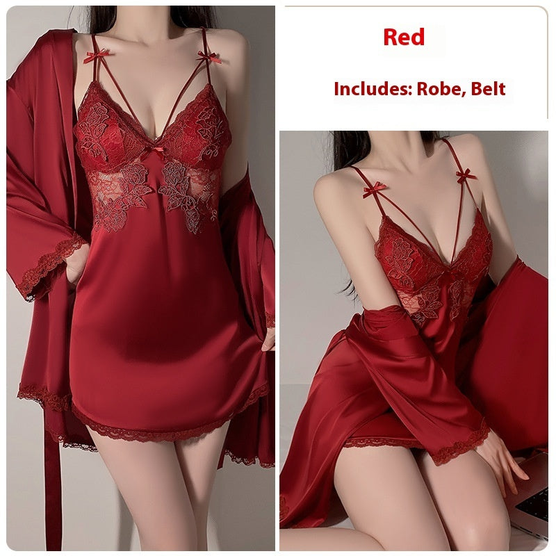 Ruoruo Ice Silk Pure Desire Slip Nightdress Outerwear Gown Suit