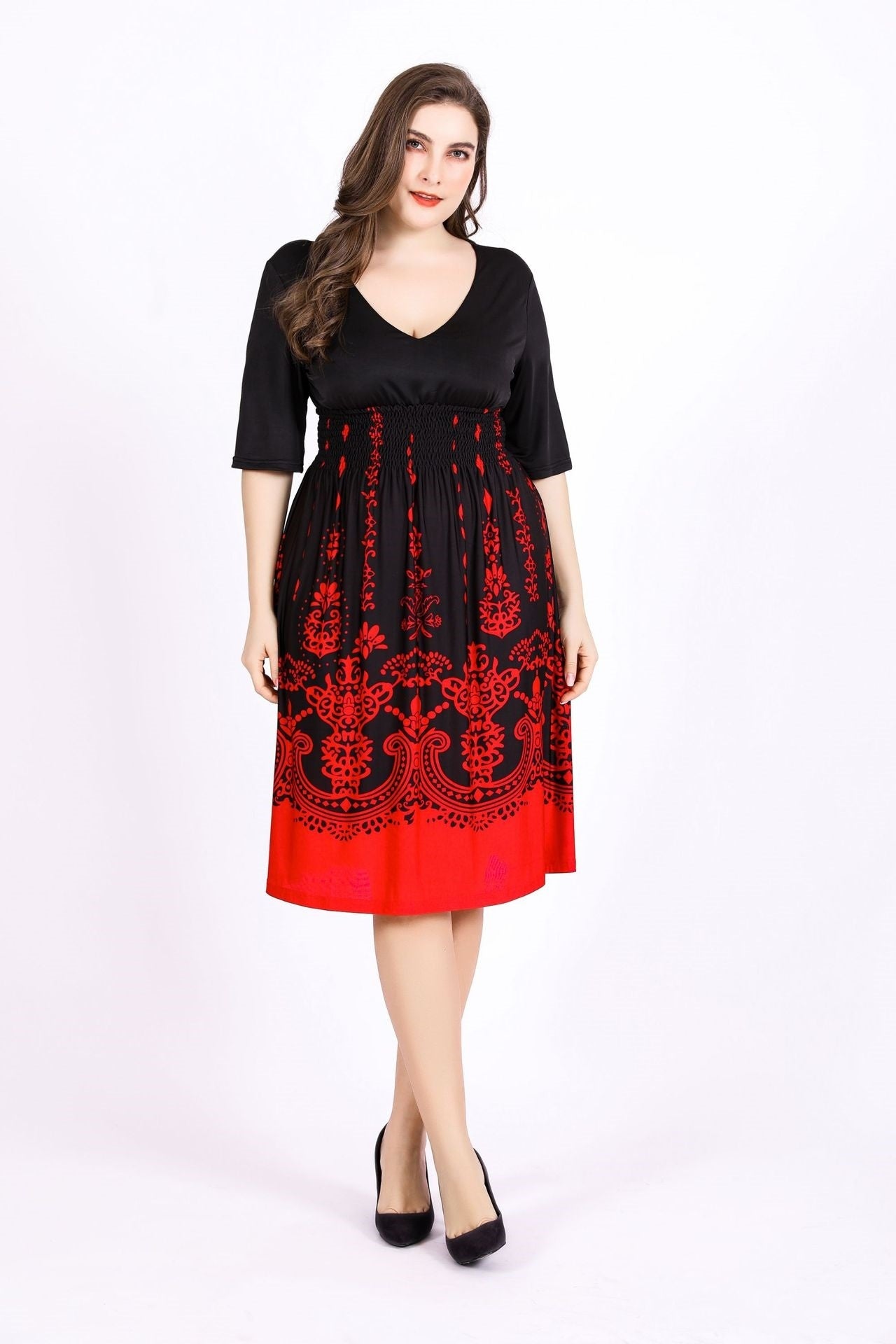 Women's Loose Round Neck Ice Silk Printed Large Swing Dress