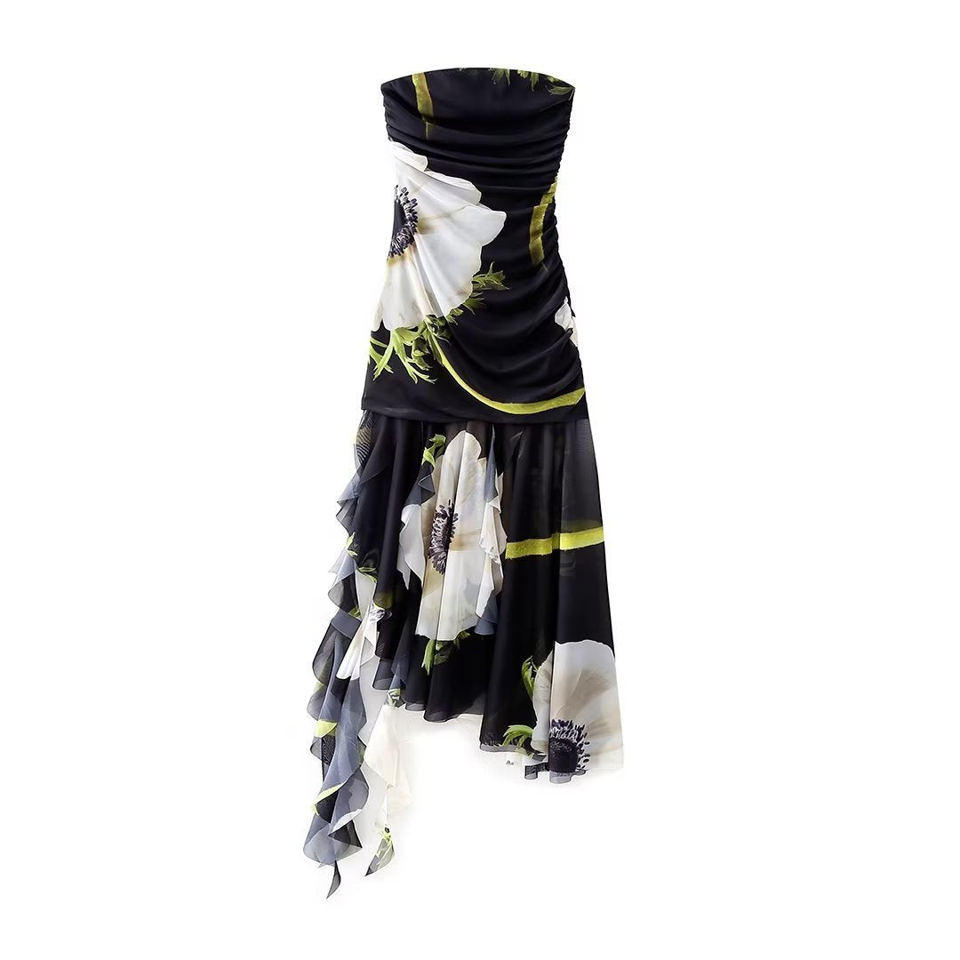 Printed Silk Net Tube Top Dress