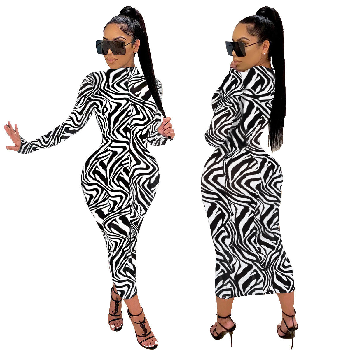 Milk Silk Fashion Print Wrap Arm Zipper Half Turtleneck Dress