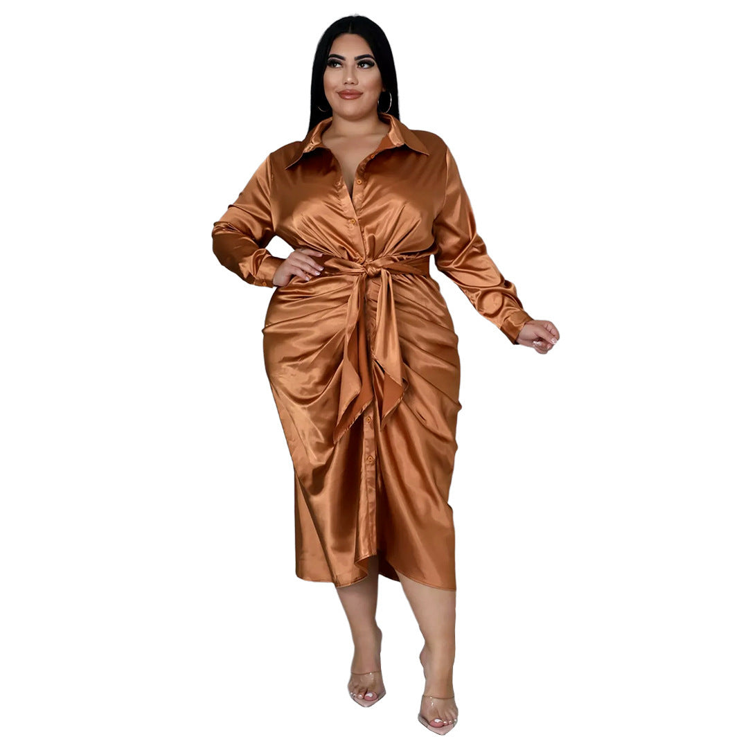Large Size Women's Reflective Silk Pleated Lace-up Shirt Dress