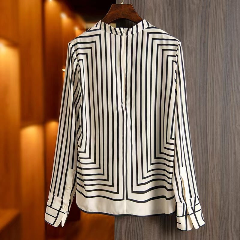 French High-end Vintage Stripe Silk Shirt For Women