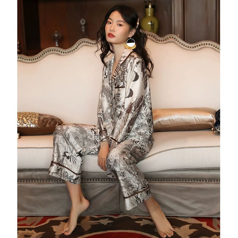 Women's Imitation Silk Ice Silk Pajamas Long Sleeve Suit