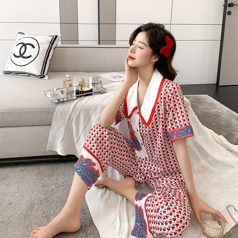 Silk Japanese Short Sleeved Suit Simulation Silk Trousers Cardigan Home Summer