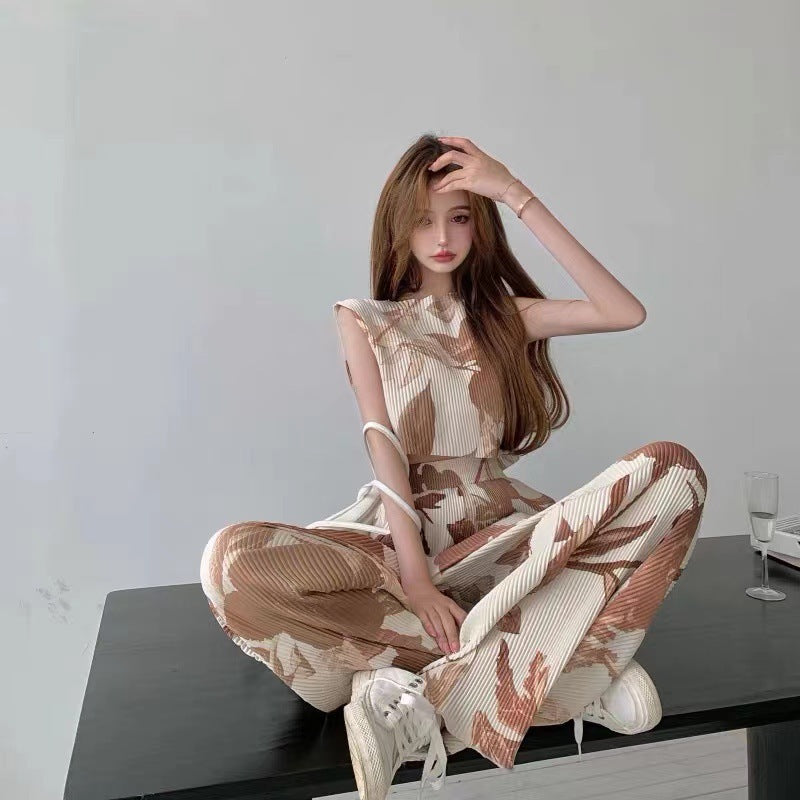 Ice Silk Thread T-Shirt High Waist Wide Leg Suit