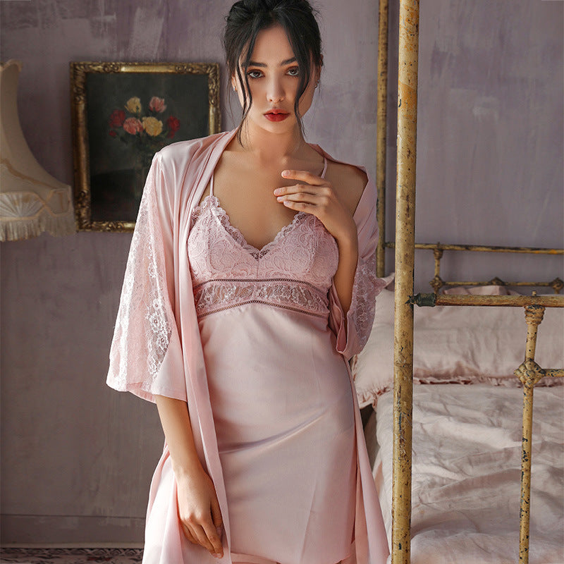Spring And Autumn Summer Silk Halter Lace Temptation Nightgown