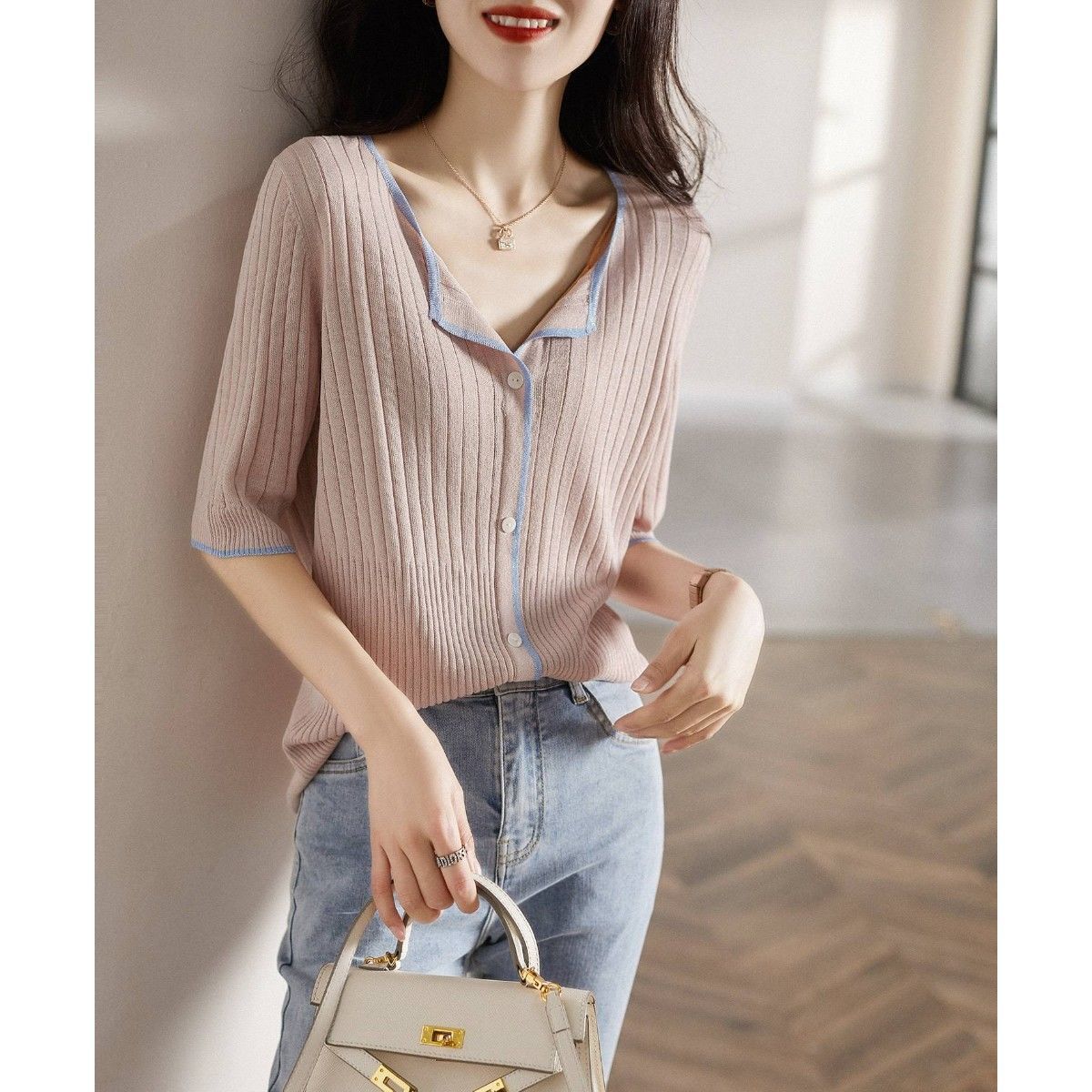 Loose V-Neck Mid-Sleeve Ice Silk Knit Cardigan Top