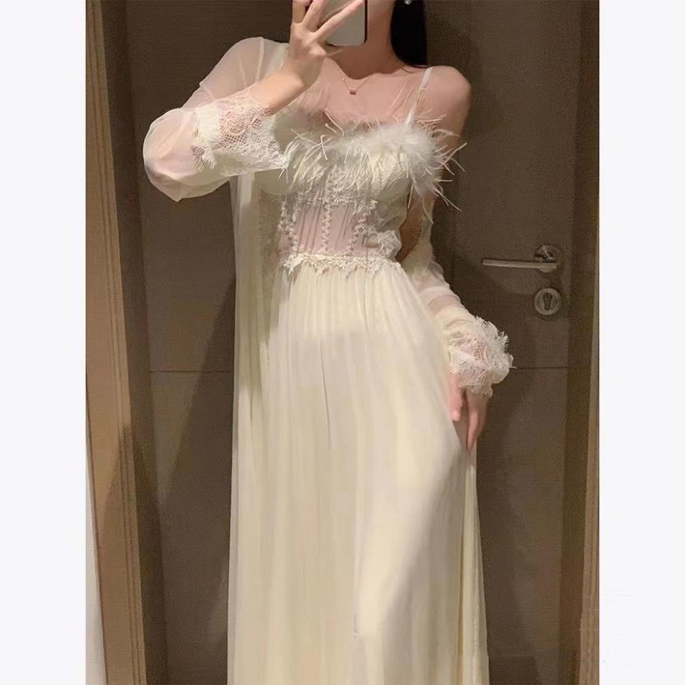 Feather Slip Nightdress Long Ice Silk Pajamas