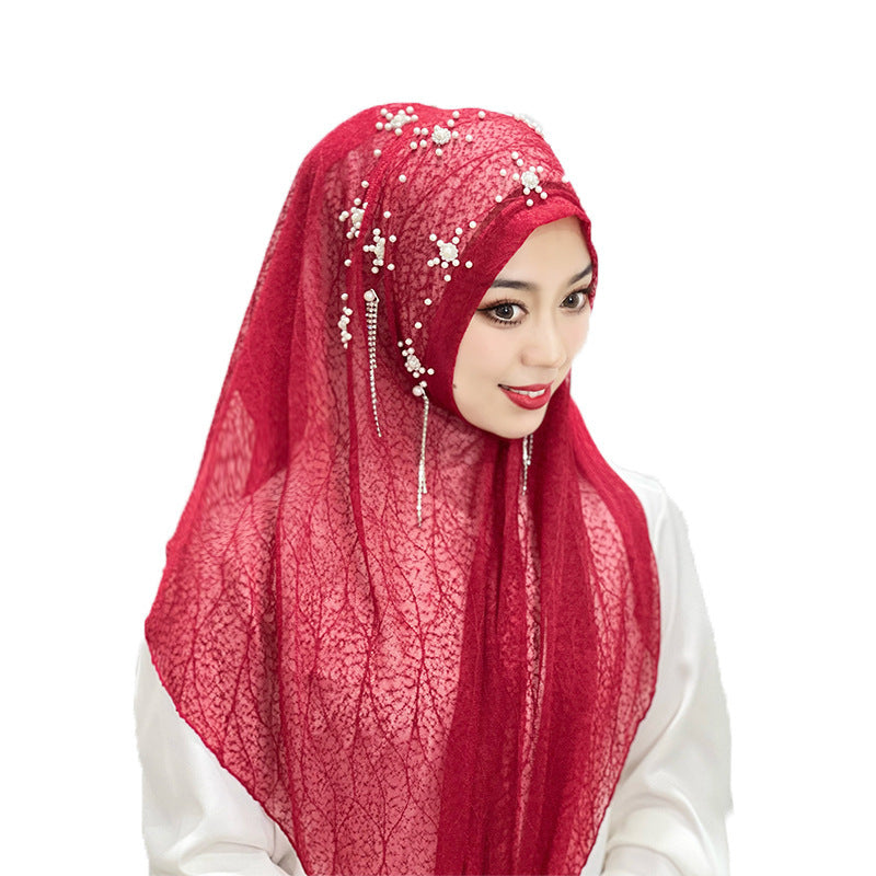 Malay Ladies Tassel Solid Color Headscarf Gold Silk Beaded