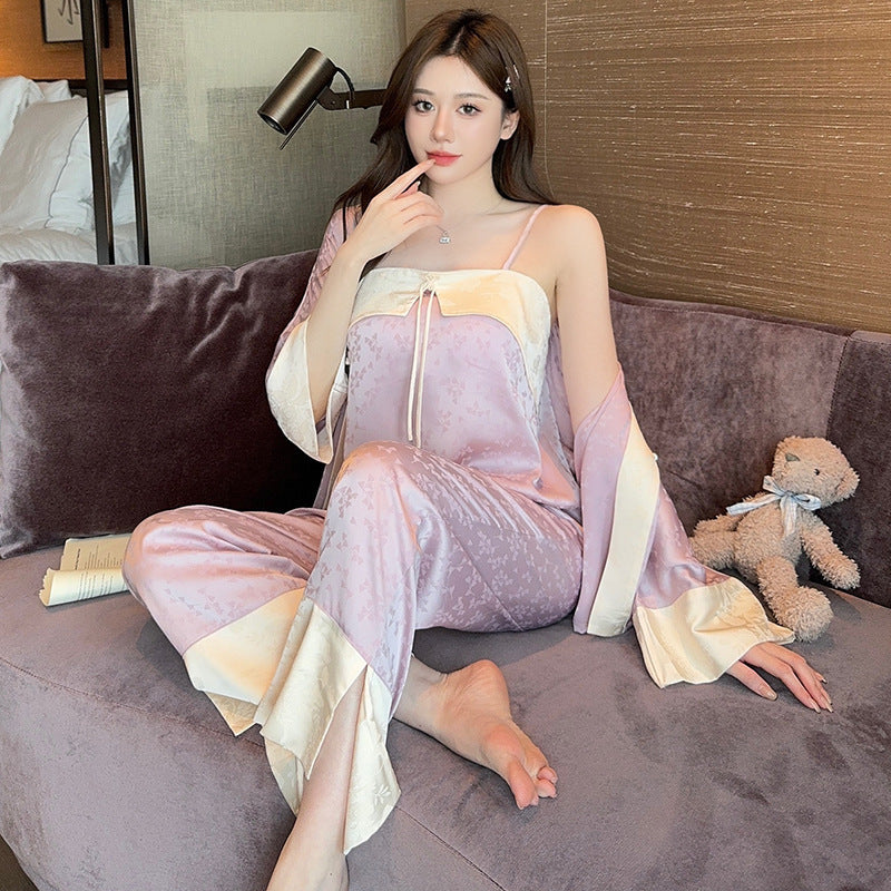 Women's Ice Silk Sling Nightgown Three-piece Set