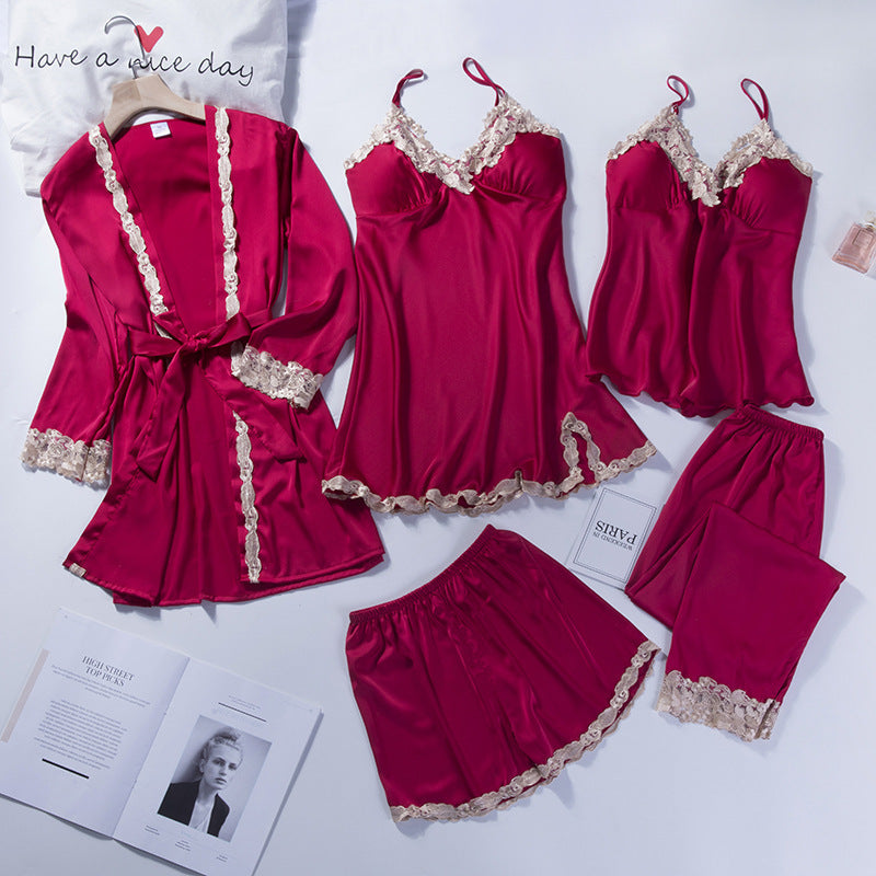 Spring Women's Summer Ice Silk Pajamas Five-piece Set