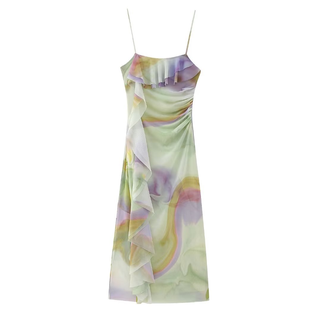 Laminated Decoration Printed Silk Net Dress