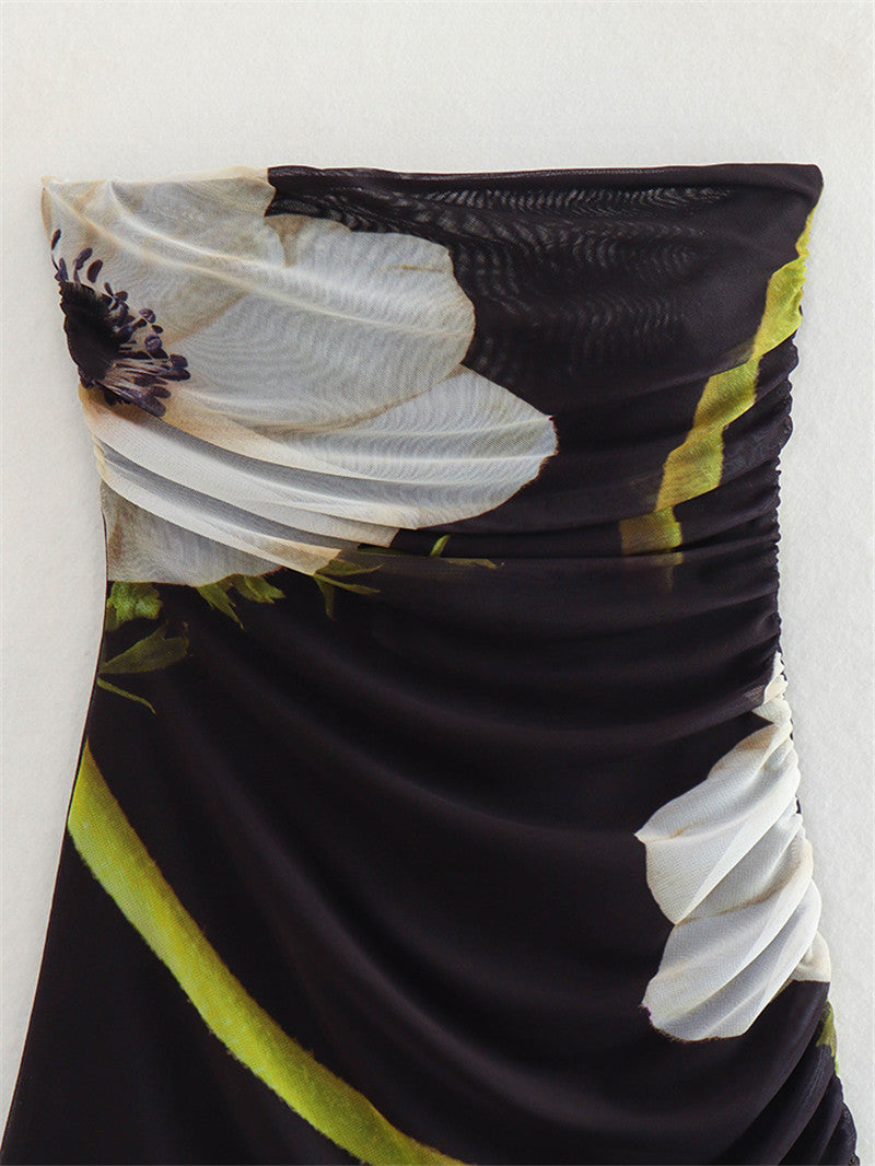 Printed Silk Net Tube Top Dress