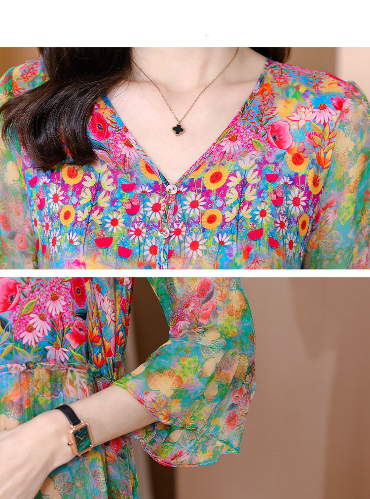 Women's Loose Print Silk Maxi Dress