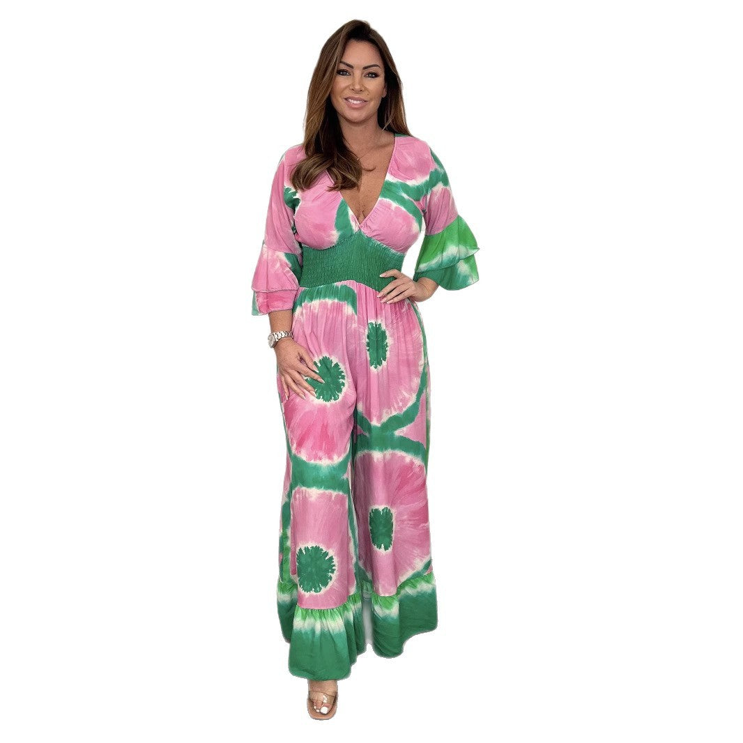 Women's Plus Size Tie-dye Printed Bell-sleeve Wide-leg Jumpsuit