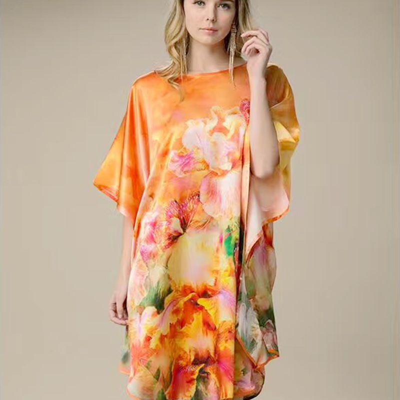 Inkjet Bat Shirt Women's Spring And Summer Home Service New Style Silk Silk Pajamas Nightdress Loose