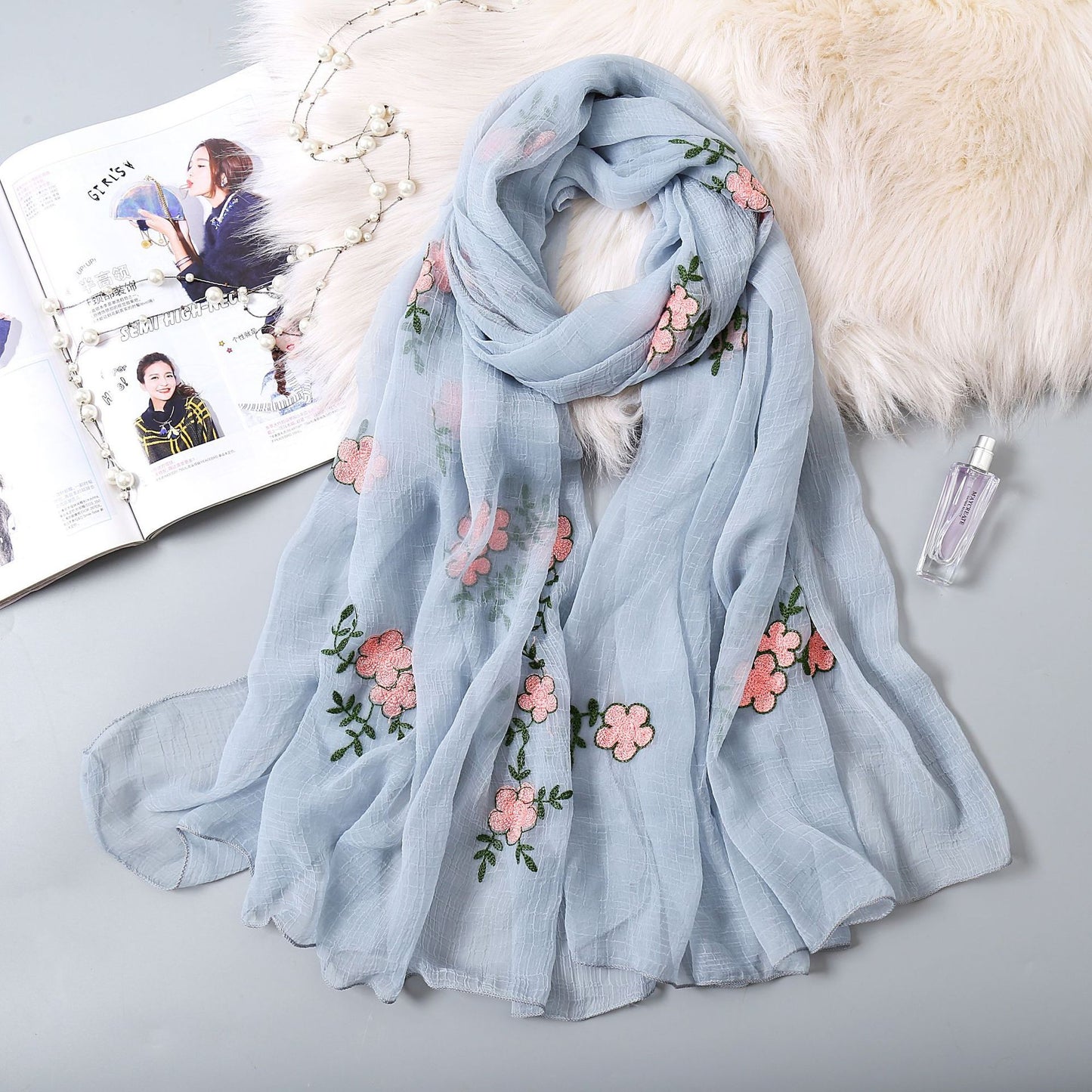 Women's Wrinkle Embroidery Silk Scarf Fashion