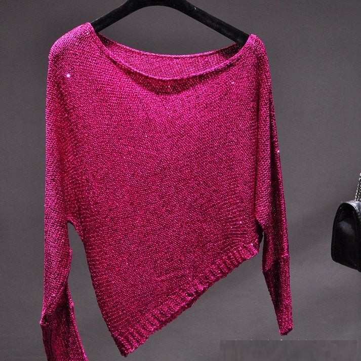 Sequined Slant Shoulder Bright Silk Gold Thread Pullover Top