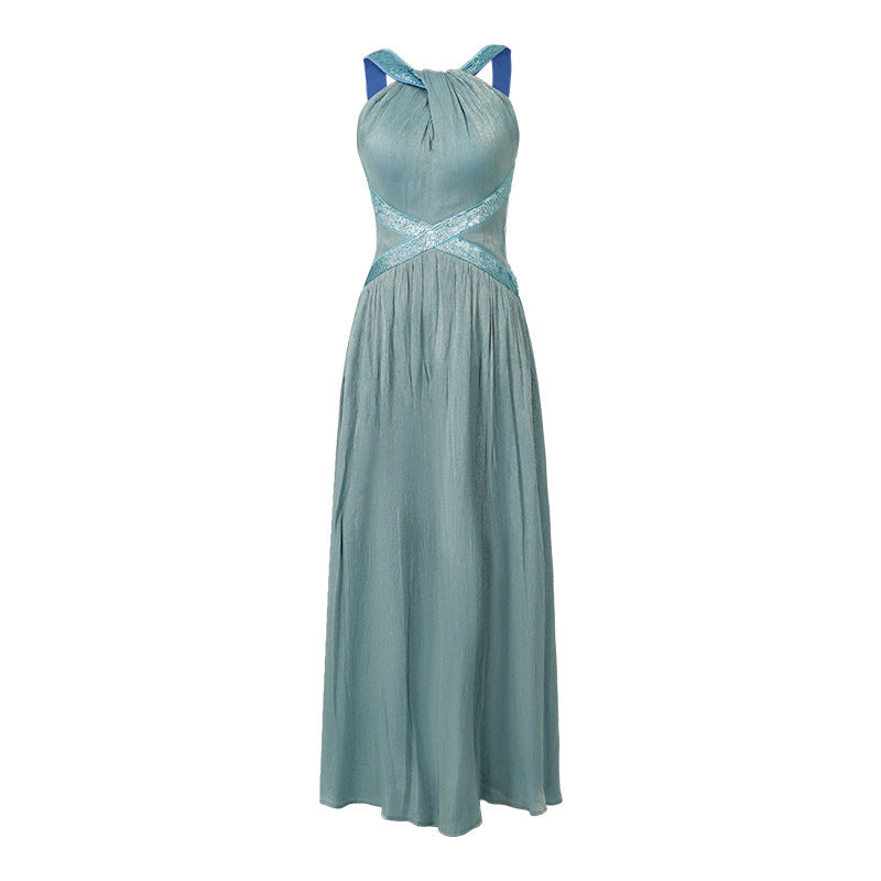 French Halter Silk Satin Waist-controlled Large Hem Dress
