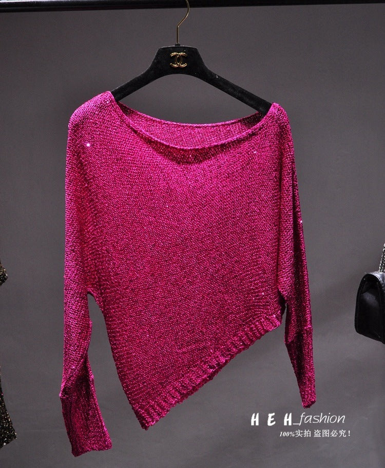 Sequined Slant Shoulder Bright Silk Gold Thread Pullover Top