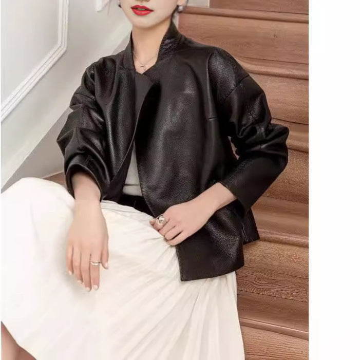 Hong Kong Retro Classic Style Leather Coat Women's Short