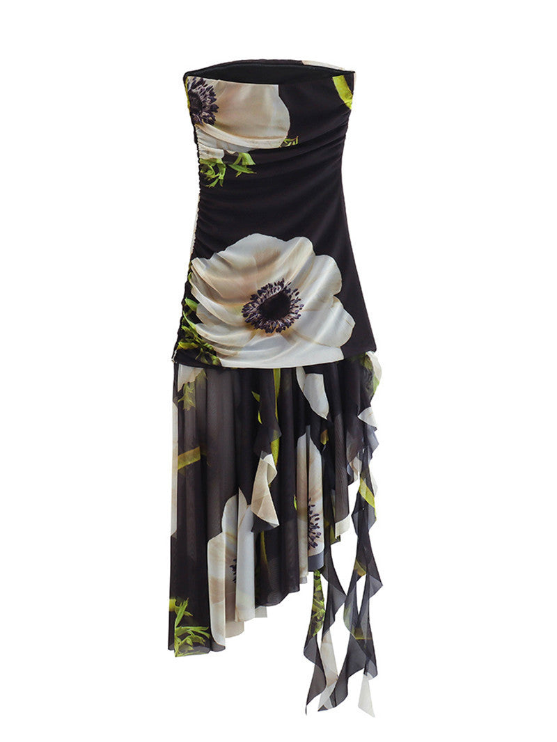 Printed Silk Net Tube Top Dress