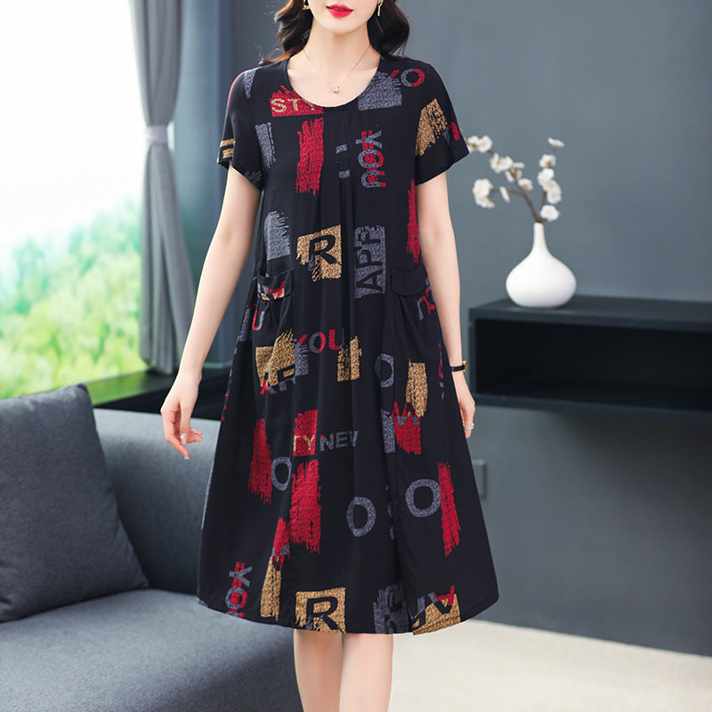 Plus Size Middle-aged And Elderly Cotton Silk Meat-covering Dress