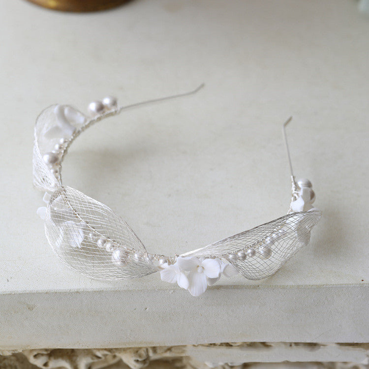 Bridal Netting Silver Silk Thread Ceramic Hard Porcelain White Floral Tiara