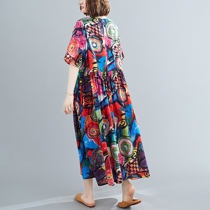 Plus Size Cotton Silk Print Short Sleeve Age-reducing Dress