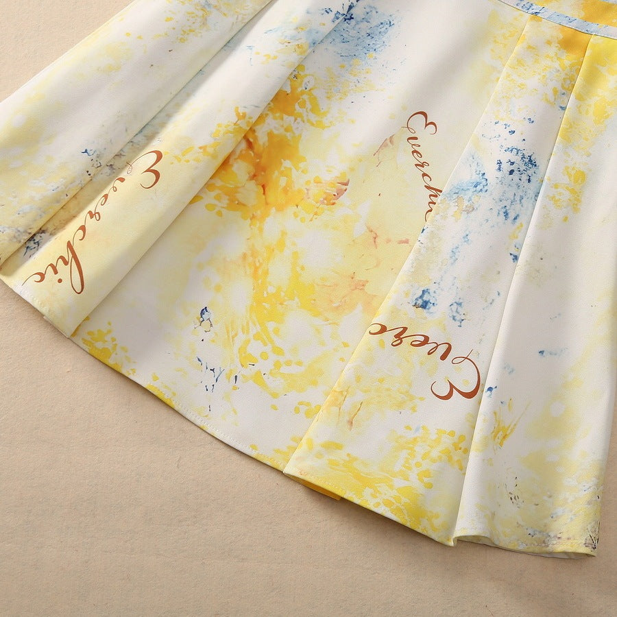 Silk Crinkle Silk Stitching Water Soluble Lotus Leaf Stand Collar Top A- Line Skirt Short Skirt Fashion Suit