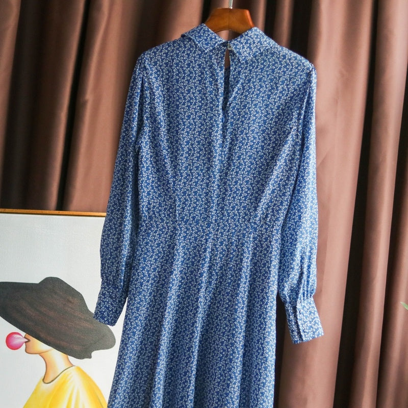 Ladies Blue Small Floral Crystal Button Silk Dress