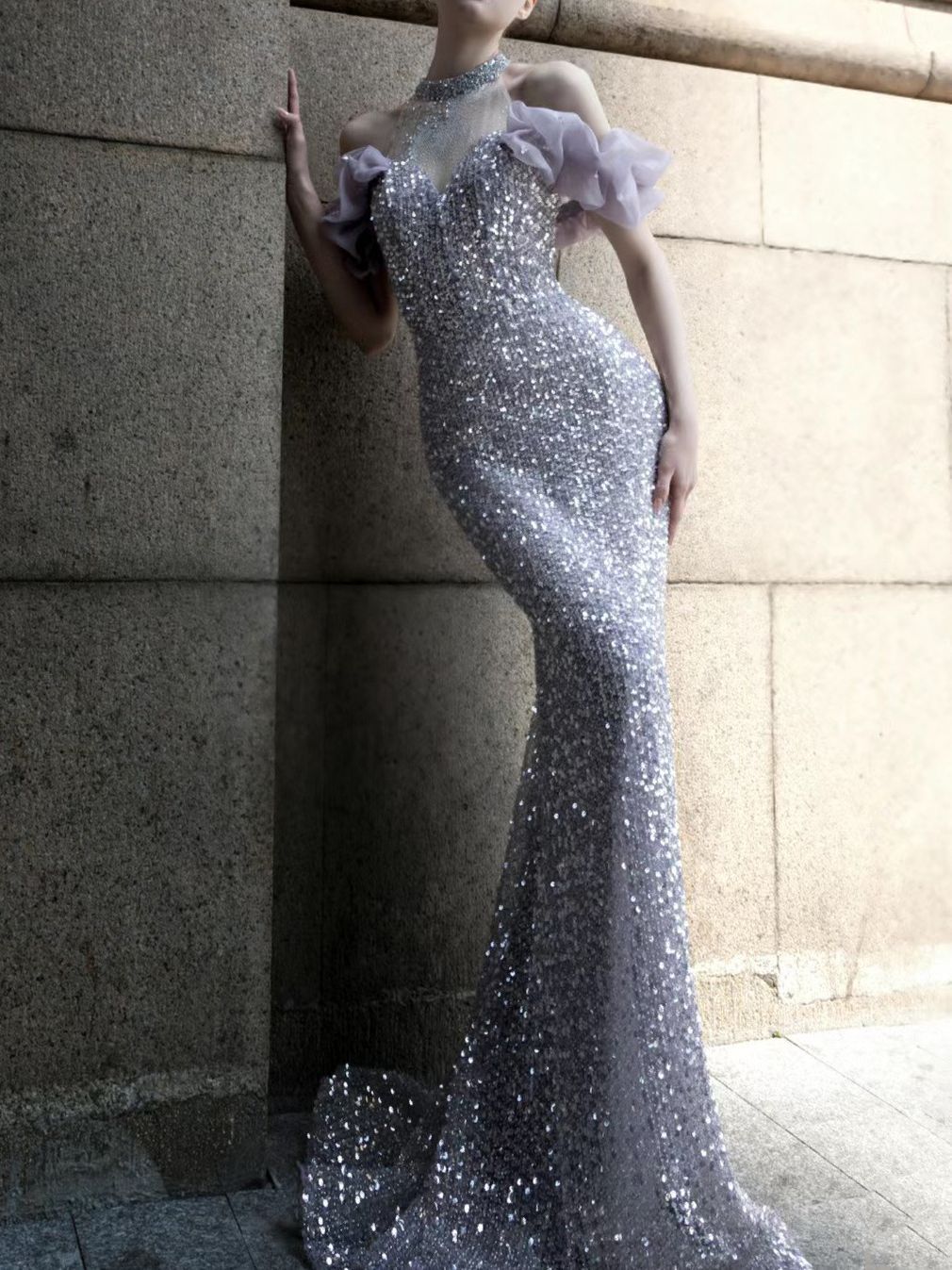 Celestial Muse – Beaded Fishtail Halter Gown