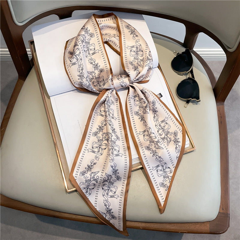 Thin Narrow Long Shirt Scarf Houndstooth Design Double Layer Imitated Silk Scarves Women's Hair Tie
