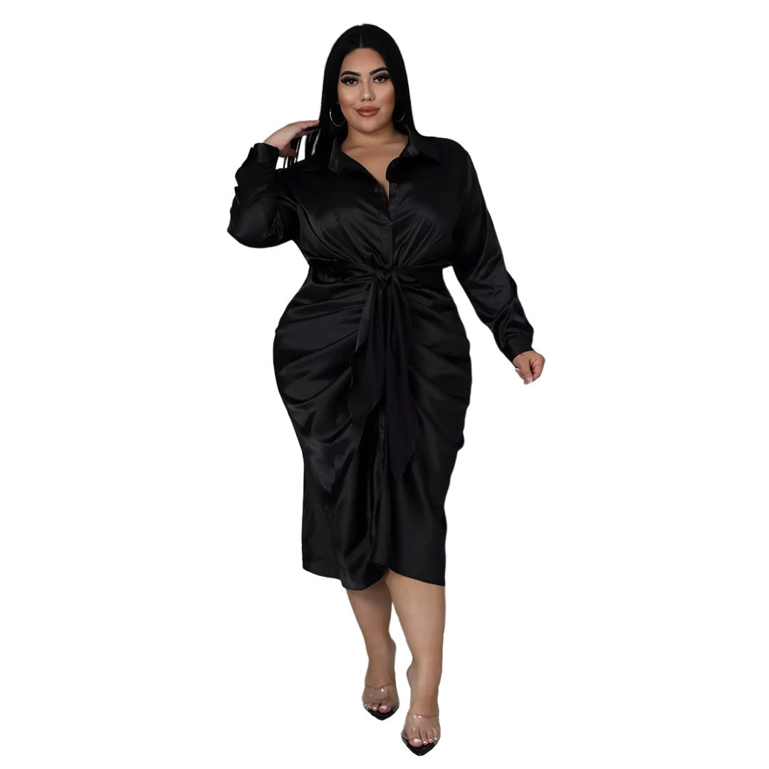 Large Size Women's Reflective Silk Pleated Lace-up Shirt Dress