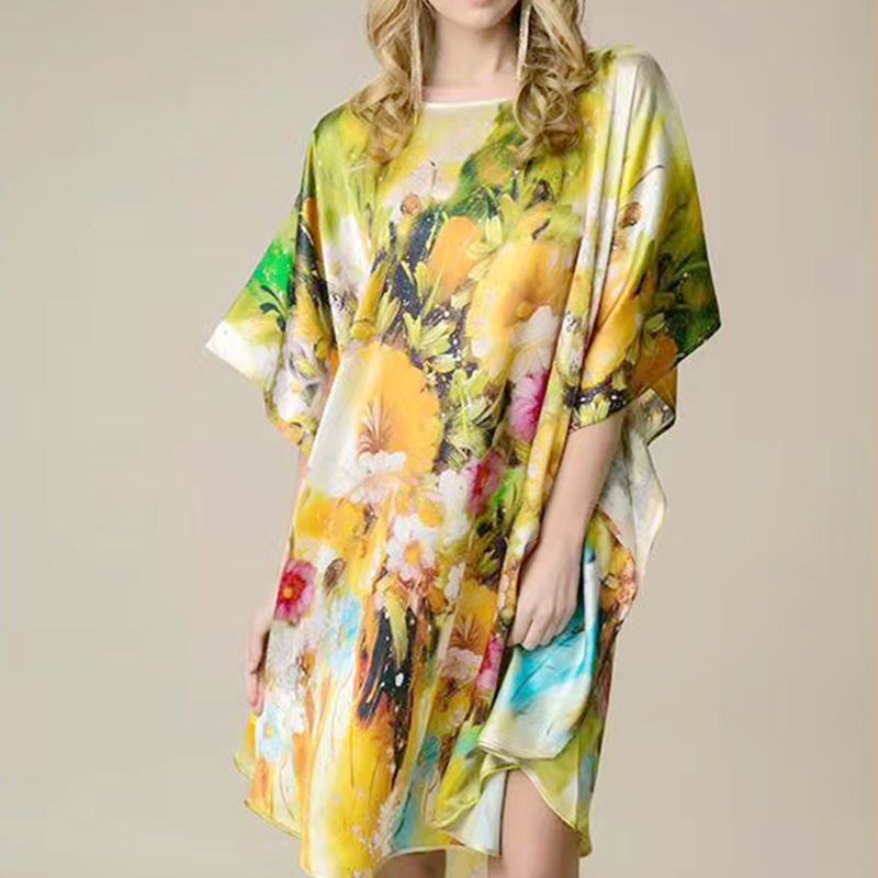 Inkjet Bat Shirt Women's Spring And Summer Home Service New Style Silk Silk Pajamas Nightdress Loose