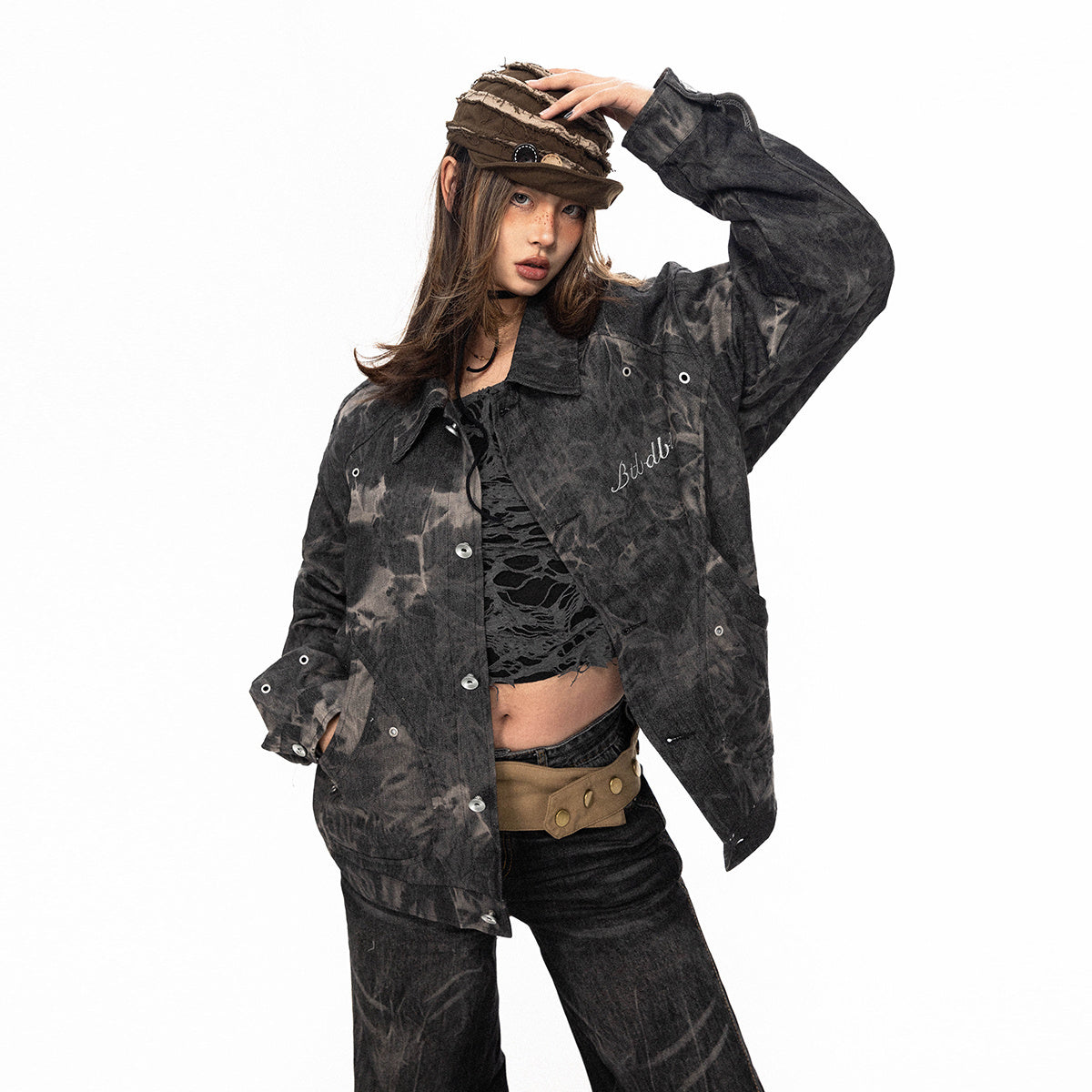 IndigoBloom Tie-Dyed Embroidered Denim Coat