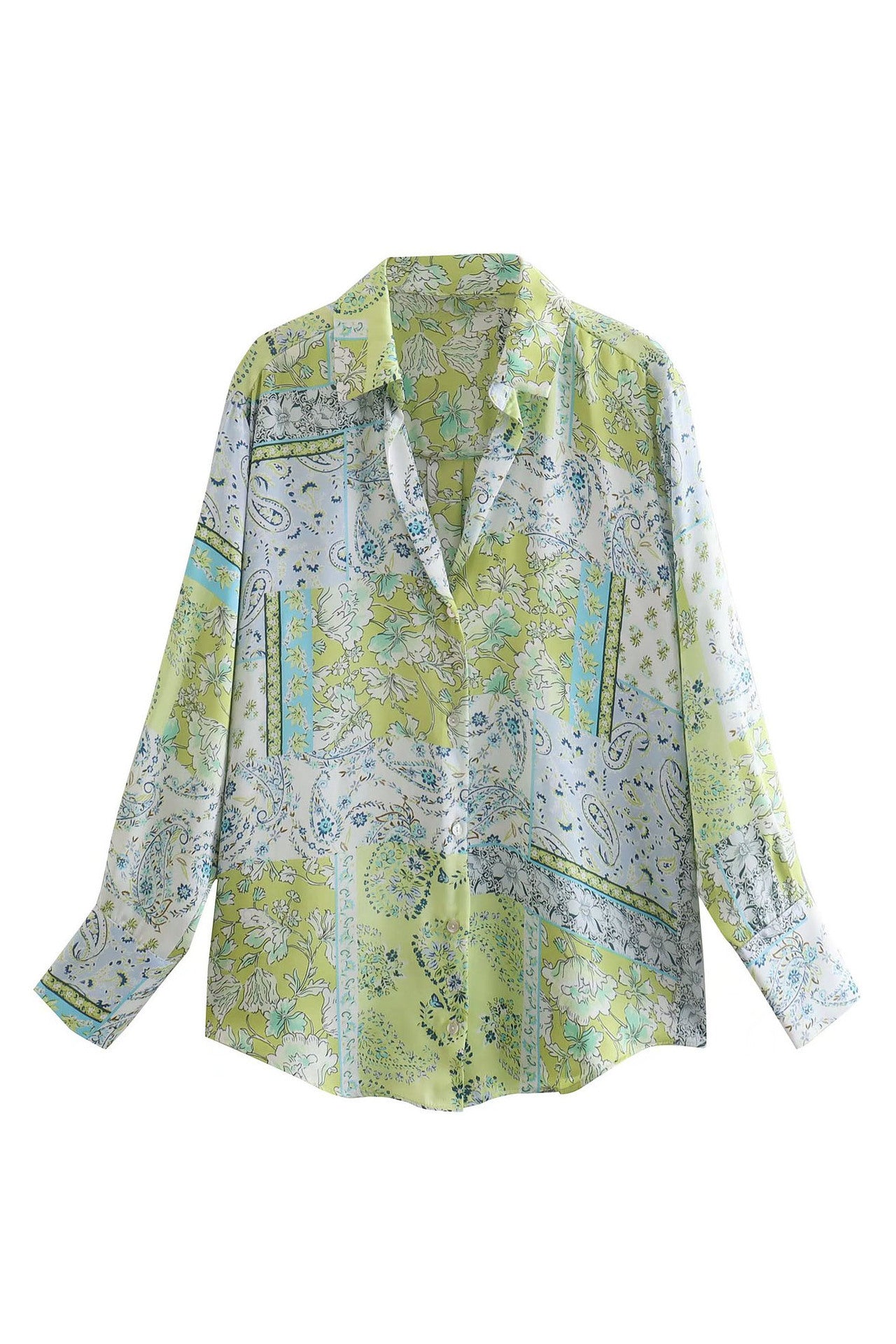 New Women's European And American Printed Silk Satin Texture Shirt