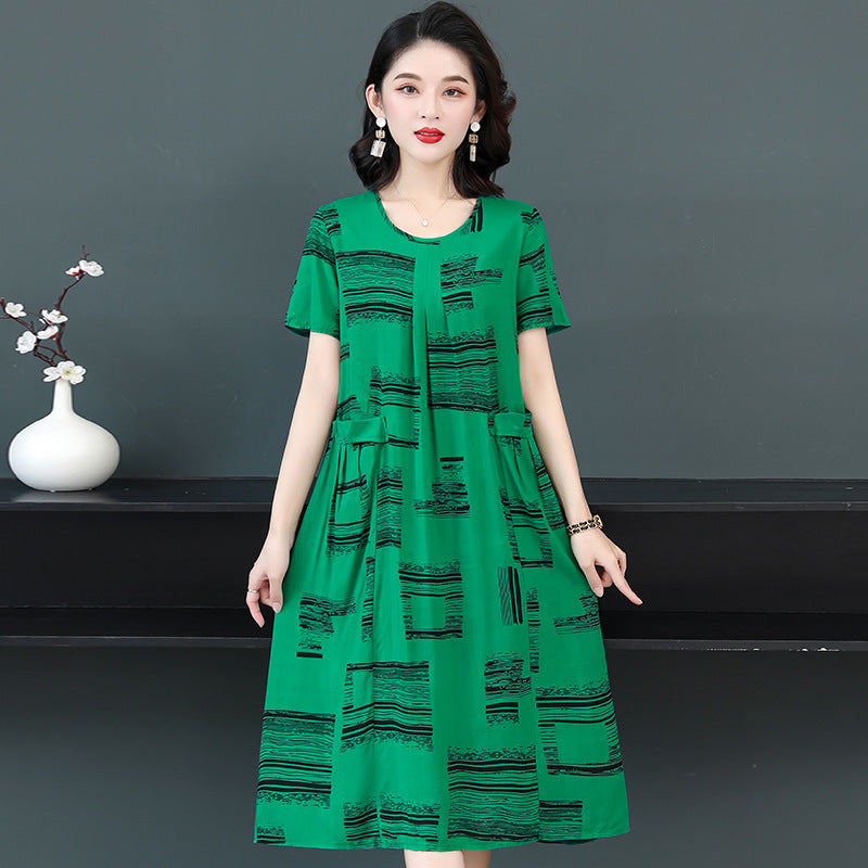 Plus Size Middle-aged And Elderly Cotton Silk Meat-covering Dress