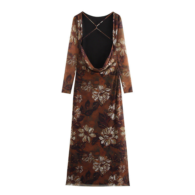 Elegant Long Sleeve Silk Net Printed Dress