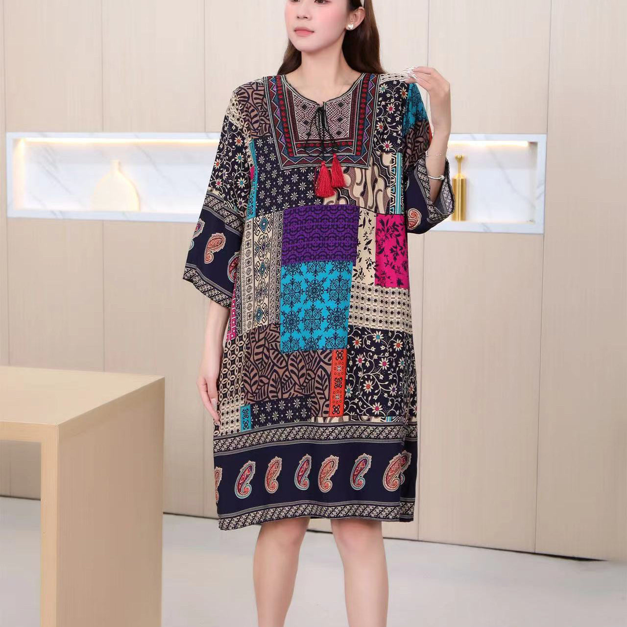 Cotton Silk Floral Dress Vintage Women's Clothing